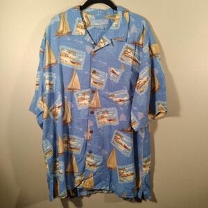 𝅺BERMUDA Bay Sail Boat Beach Silk Button Shirt XL